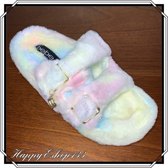 BEBE Fanny Faux Fur Fuzzie Slide Logo Rhinestone Sandals Pink Tie Dye - Picture 10 of 10